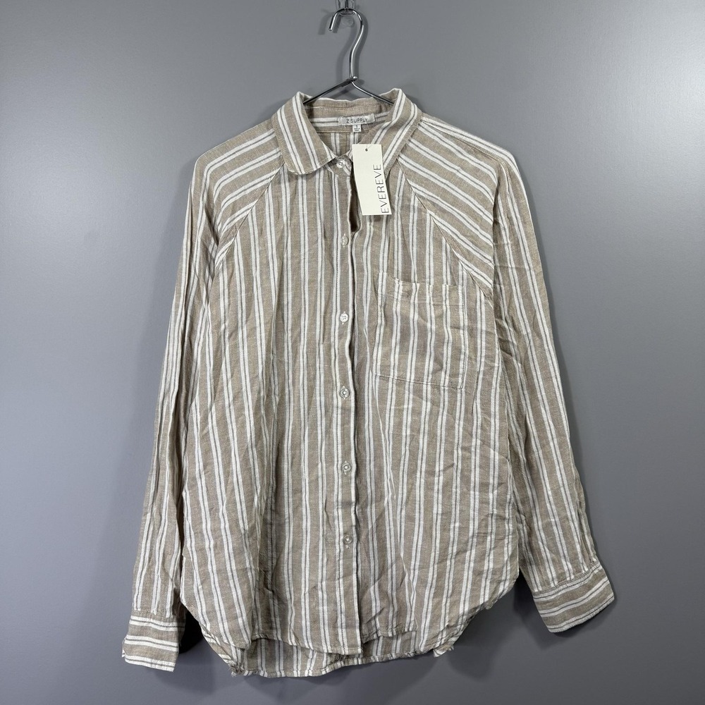 Z Supply Shirt Womens Small Beige White Striped Linen Button Up Casual Top